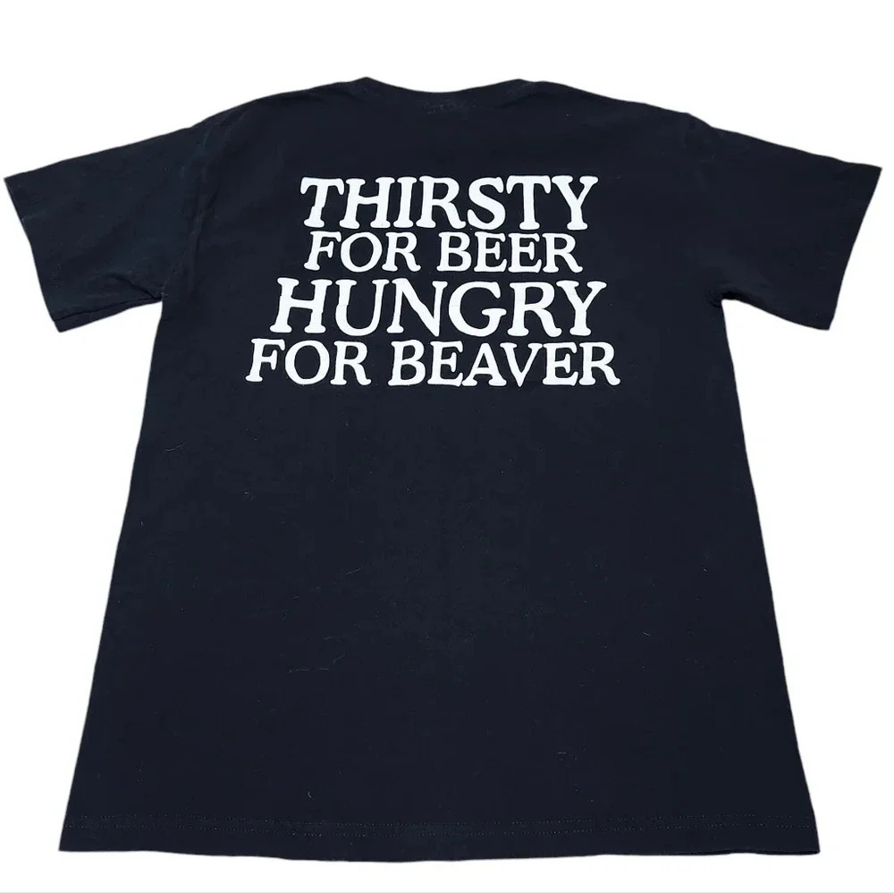 Thirsty Beaver Pub & Grill Graphic Tee Funny Slogan T-Shirt Black Sz Small